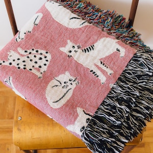 Pink Cat Blanket: Woven Cotton Throw, Cute Kawaii Gift for Animal or Pet Lovers, Unique Eclectic Colorful Maximalist Decor, Kids Bedding image 6