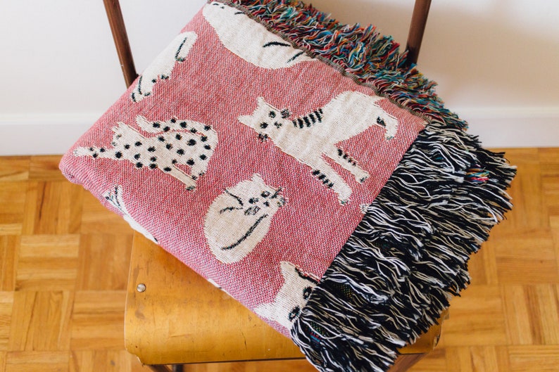 Pink Cat Blanket: Woven Cotton Throw, Cute Kawaii Gift for Animal or Pet Lovers, Unique Eclectic Colorful Maximalist Decor, Kids Bedding image 6