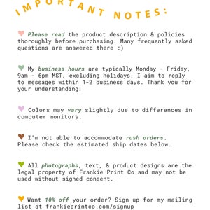 May include: Important notes for customers regarding product descriptions, business hours, colour variations, rush orders, and copyright information. The text also includes a call to action to sign up for a mailing list for a 10% discount.
