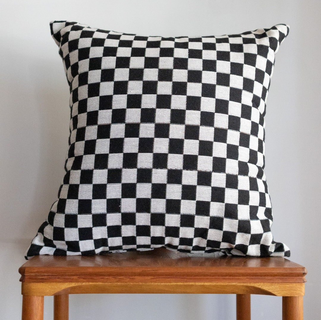 Checker Pillow Black and off White Woven Throw Pillow, Toss Cushion