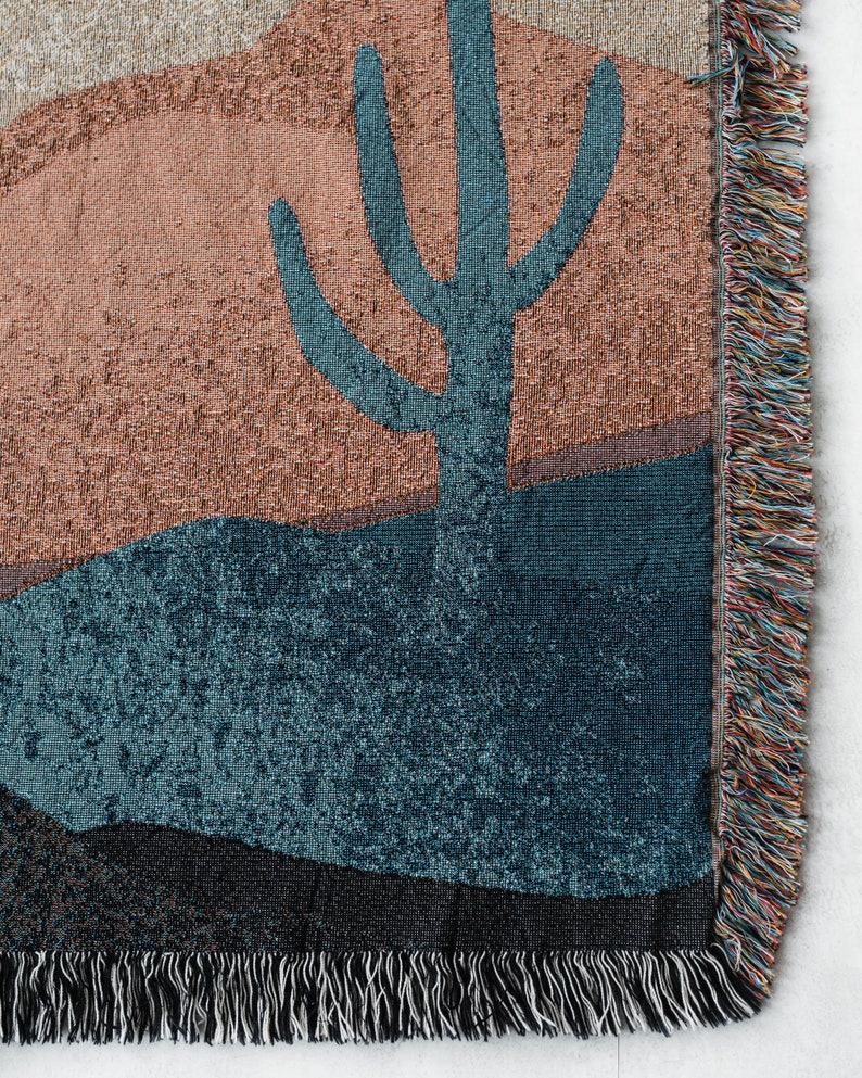 Desert Night Cactus Throw Blanket: Earth Tones Woven Cotton Throw, Southwest Nature Moon, Boho Western Decor, Gender Neutral Kids Nursery image 2