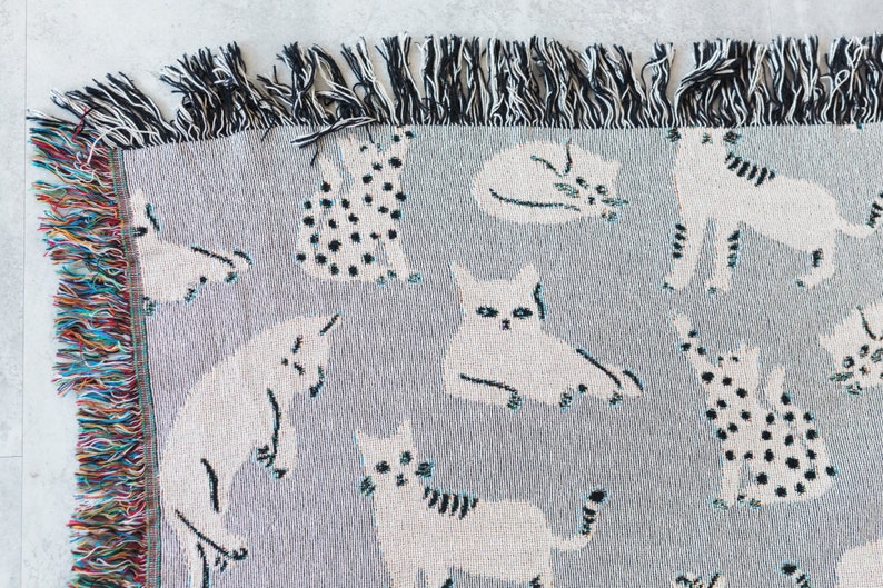 Grey Cats Blanket: Woven Cotton Throw, Kids Bedroom, Cute Kawaii Gift for Cat or Animal Lovers, Quirky Boho, Eclectic Unique Home Decor image 4