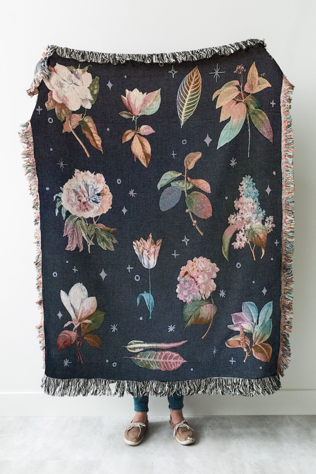 Dark Floral Boho Blanket: Woven Cotton Throw for Sofa, Pretty Vintage ...
