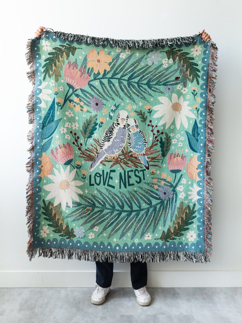 Love Nest Throw Blanket: Woven Cotton Throw, Cute Animals, Colorful Maximalist Decor, Valentines Gift, Budgies Budgerigar birds, Flowers image 1