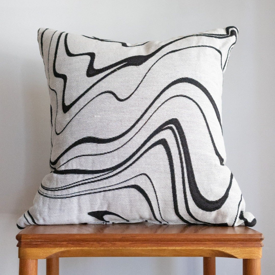 Marble Pillow Black and off White Woven Throw Pillow, Toss Cushion