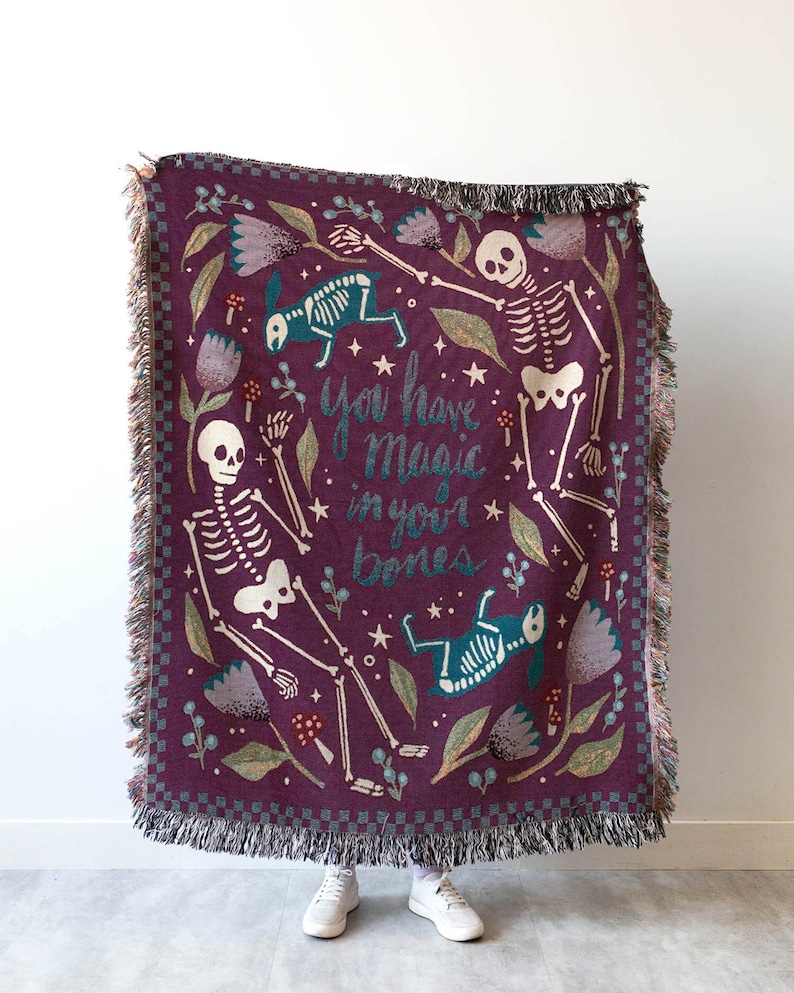 Skeleton Blanket: Purple Magic Bones Woven Throw, Unique Spooky Gift, Whimsigoth Decor, Halloween Goth Kawaii Cute, Colorful Maximalist Dark image 1