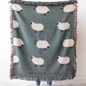 Sheep Name Blanket: Cute Animal Woven Throw, Personalized Name, Baby Shower Gift, Neutral Dark Grey Kids Decor, Unique Boy Girl Present