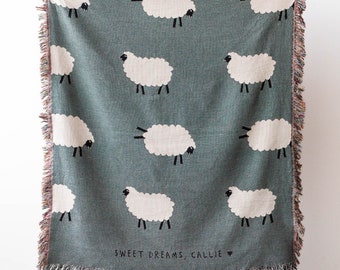 Sheep Name Blanket: Cute Animal Woven Throw, Personalized Name, Baby Shower Gift, Neutral Dark Grey Kids Decor, Unique Boy Girl Present