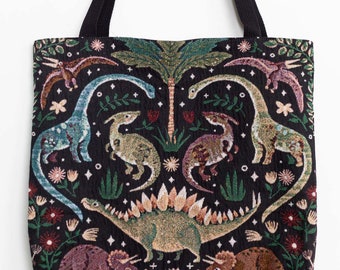 Tapestry Bag: Dinosaur Tote, Cute Kawaii Dark, Woven Cottagecore, Stegosaurus Triceratops, Unique Market Shopping, Gift for Science Teacher