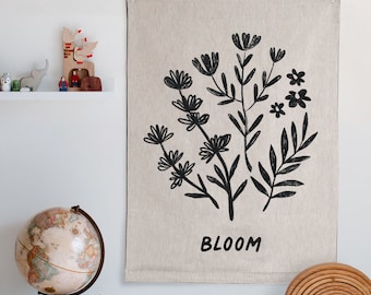 Bloom Tapestry: Floral Woven Wall Hanging for Boho or Vintage Decor, Nursery or Kids Bedroom, Dorm Room, Flowers Banner Sign Pennant