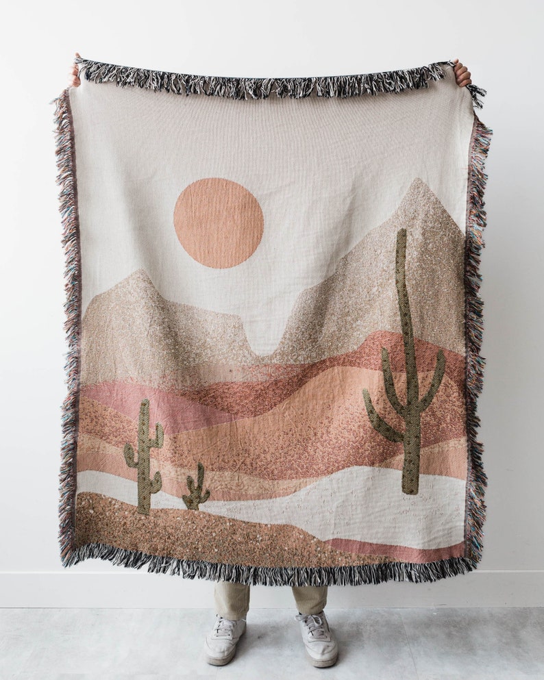 Desert Cactus Throw Blanket: Earth Tones Woven Cotton Throw, Southwest Nature, Boho Decor, Terracotta Western, Gender Neutral Kids Nursery image 1