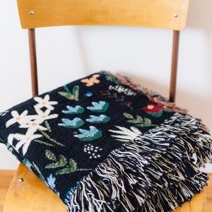 Black Floral Blanket: Flower Woven Cotton Throw, Dark Moody Maximalist Decor, Ditsy Print, Unique Whimsical Cute image 4