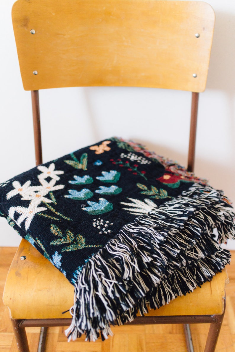 Black Floral Blanket: Flower Woven Cotton Throw, Dark Moody Maximalist Decor, Ditsy Print, Unique Whimsical Cute image 4