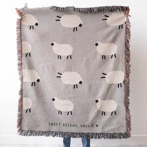 Sweet Dreams Sheep Blanket: Cute Animal Woven Throw, Personalized Name, Baby Shower Gift, Neutral Grey Kids Decor, Unique Boy Girl Present