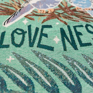 Love Nest Throw Blanket: Woven Cotton Throw, Cute Animals, Colorful Maximalist Decor, Valentines Gift, Budgies Budgerigar birds, Flowers image 7