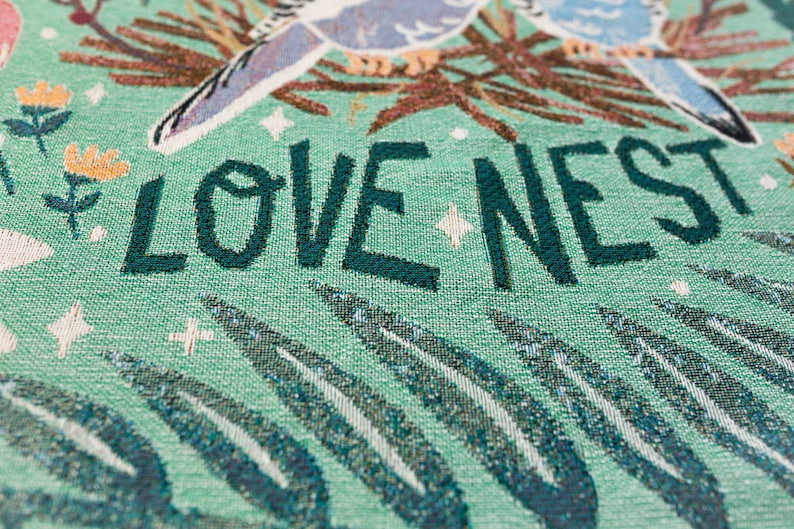 Love Nest Throw Blanket: Woven Cotton Throw, Cute Animals, Colorful Maximalist Decor, Valentines Gift, Budgies Budgerigar birds, Flowers image 7