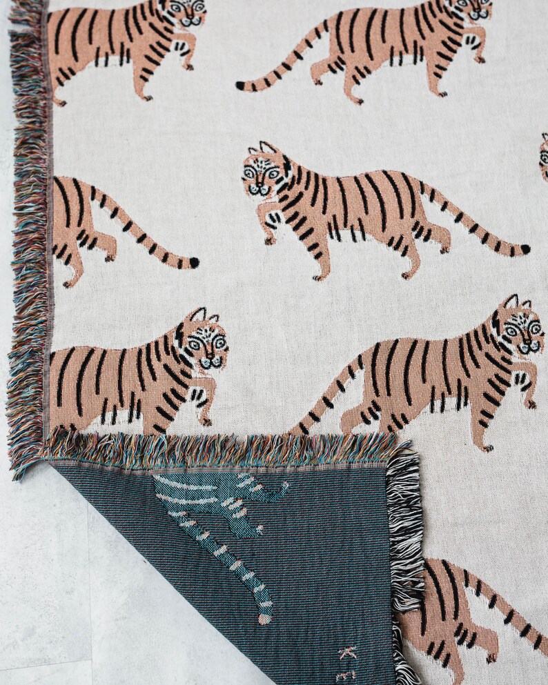 Tiger Personalized Throw Blanket: Jungle Decor, Maximalist Bedroom, Woven Cotton Throw for Nursery, Cute & Funny Gift for Animal Lovers image 5