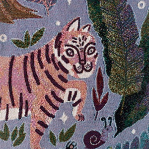 Jungle Tiger Throw Blanket: Woven Cotton Throw, Cute Animals, Colorful Purple Decor, Kids Teen Bedroom, Plants Leaves Flowers, Maximalist image 3