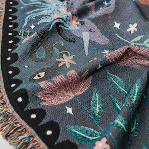 Unicorn Night Throw Blanket: Woven Cotton Throw, Boho Kids Bedding, Purple Blue, Lunar Celestial Moon, Pegasus Horse, Colorful Maximalist image 2