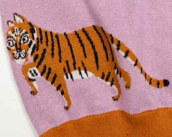 Tiger Sweater: Colorful Maximalist Knit Crewneck, Kawaii Tiger Sweater: Colorful Maximalist Knit Crewneck, Kawaii