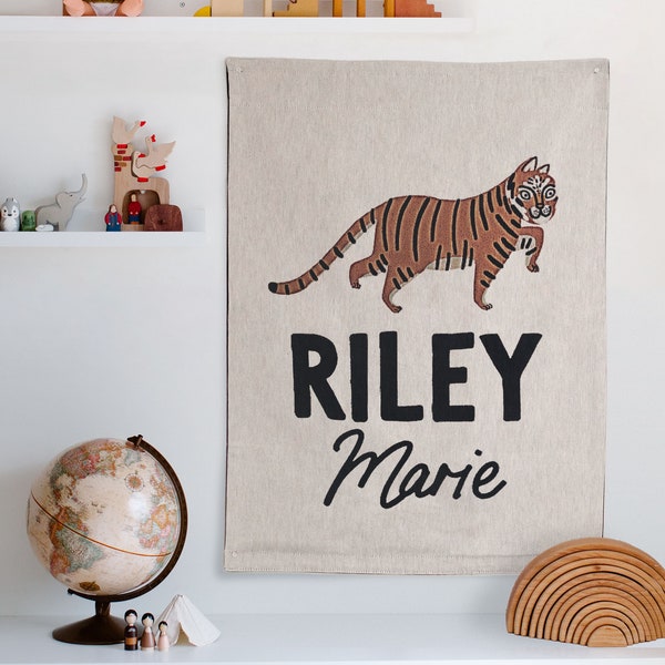 Name Personalized Tapestry: Tiger Woven Wall Hanging for Nursery, Kids Jungle Bedroom or Dorm Room Decor, Boho Custom Banner Sign Pennant