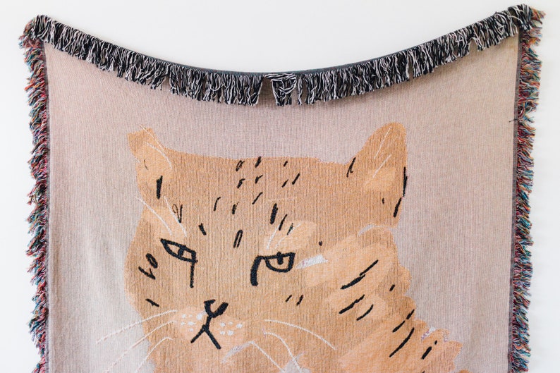 Cat Throw Blanket: Cute & Funny Woven Cotton Throw for Pet Lovers, Peach Home Decor, Boho Maximalist, Unique Eclectic Quirky image 2