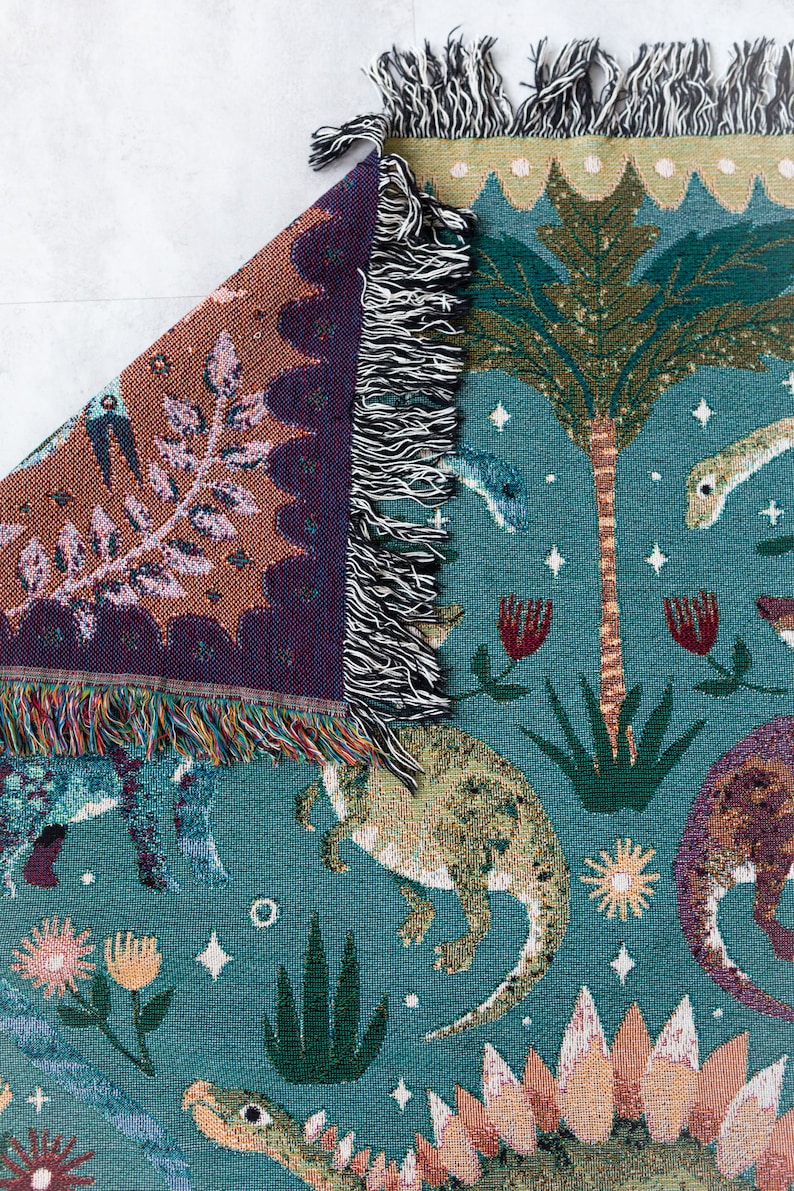 Dinosaur Personalized Throw Blanket: Woven Cotton Throw, Cute Stegosaurus Brontosaurus Triceratops, Colorful Kids Teen Bedroom, Christmas image 8