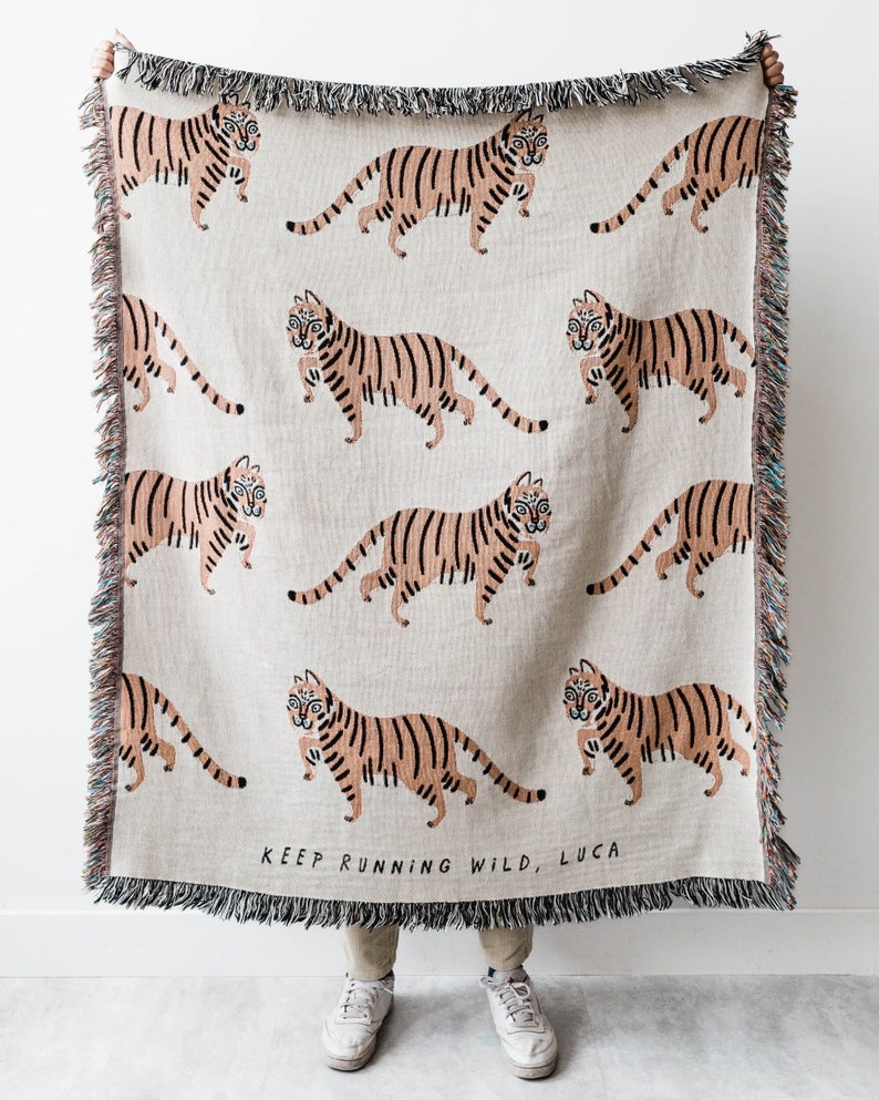 Tiger Personalized Throw Blanket: Jungle Decor, Maximalist Bedroom, Woven Cotton Throw for Nursery, Cute & Funny Gift for Animal Lovers image 1