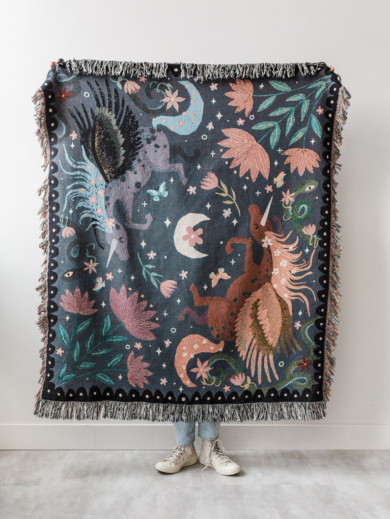 Unicorn Night Throw Blanket: Woven Cotton Throw, Boho Kids Bedding, Purple Blue, Lunar Celestial Moon, Pegasus Horse, Colorful Maximalist image 1