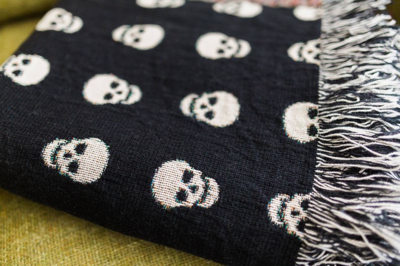 Skull Throw Blanket - Black Home Decor, Gift for Him, Goth Decor & Bedding, Halloween Skeleton 
