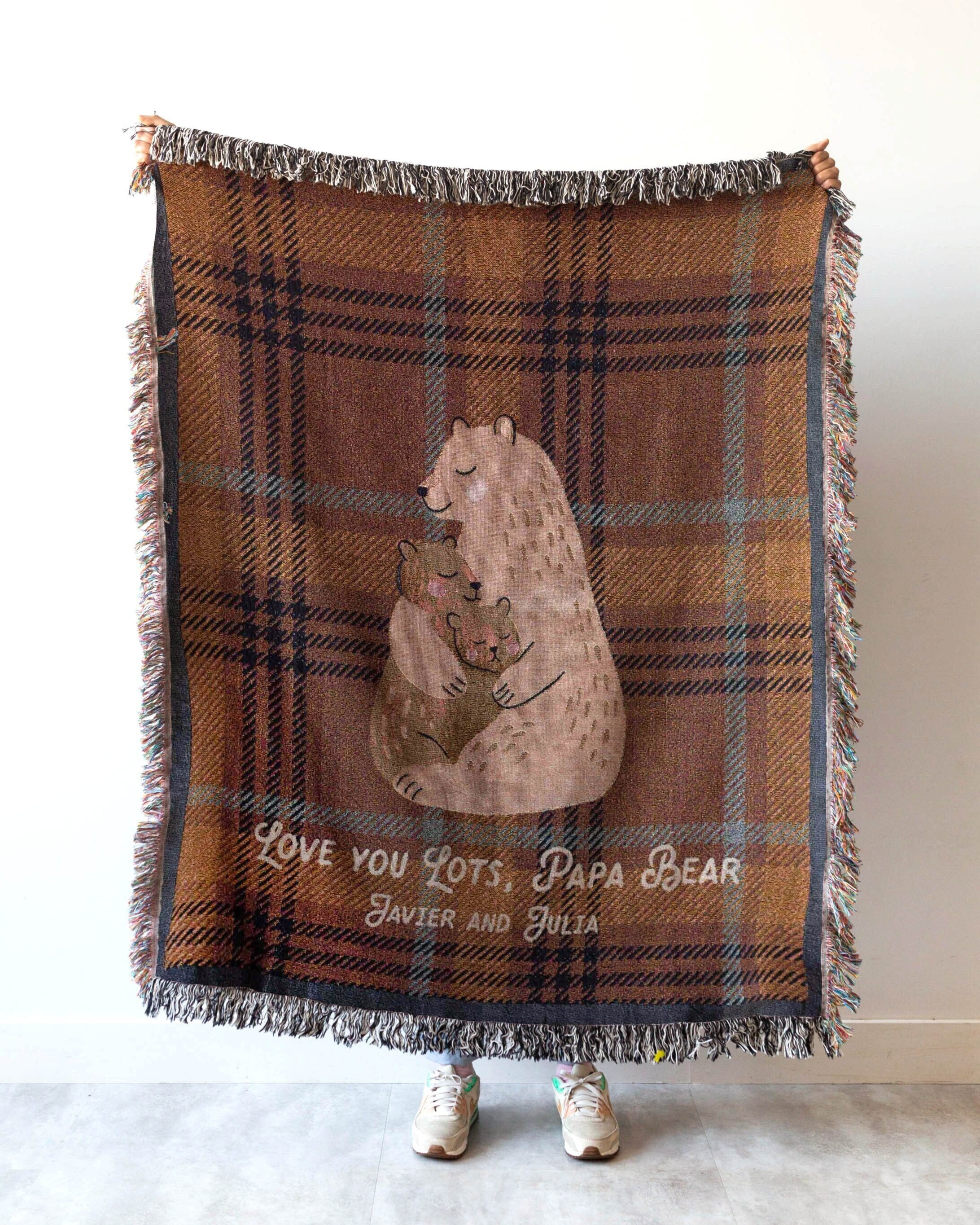 Gift for Dad Blanket: Fathers Day Present from Kids, Papa Bear Woven Throw, Unique Thoughtful Meaningful Birthday, Personalized Custom Idea