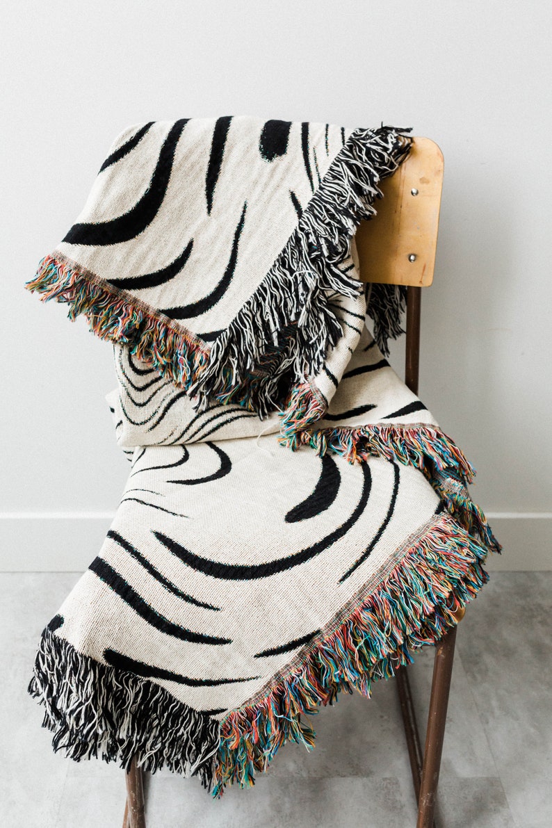 Marble Throw Blanket: Black & Off White Woven 100% Cotton Throw, Zebra Print, Unique Textile, Gift for her, Bold Unique Pattern image 2