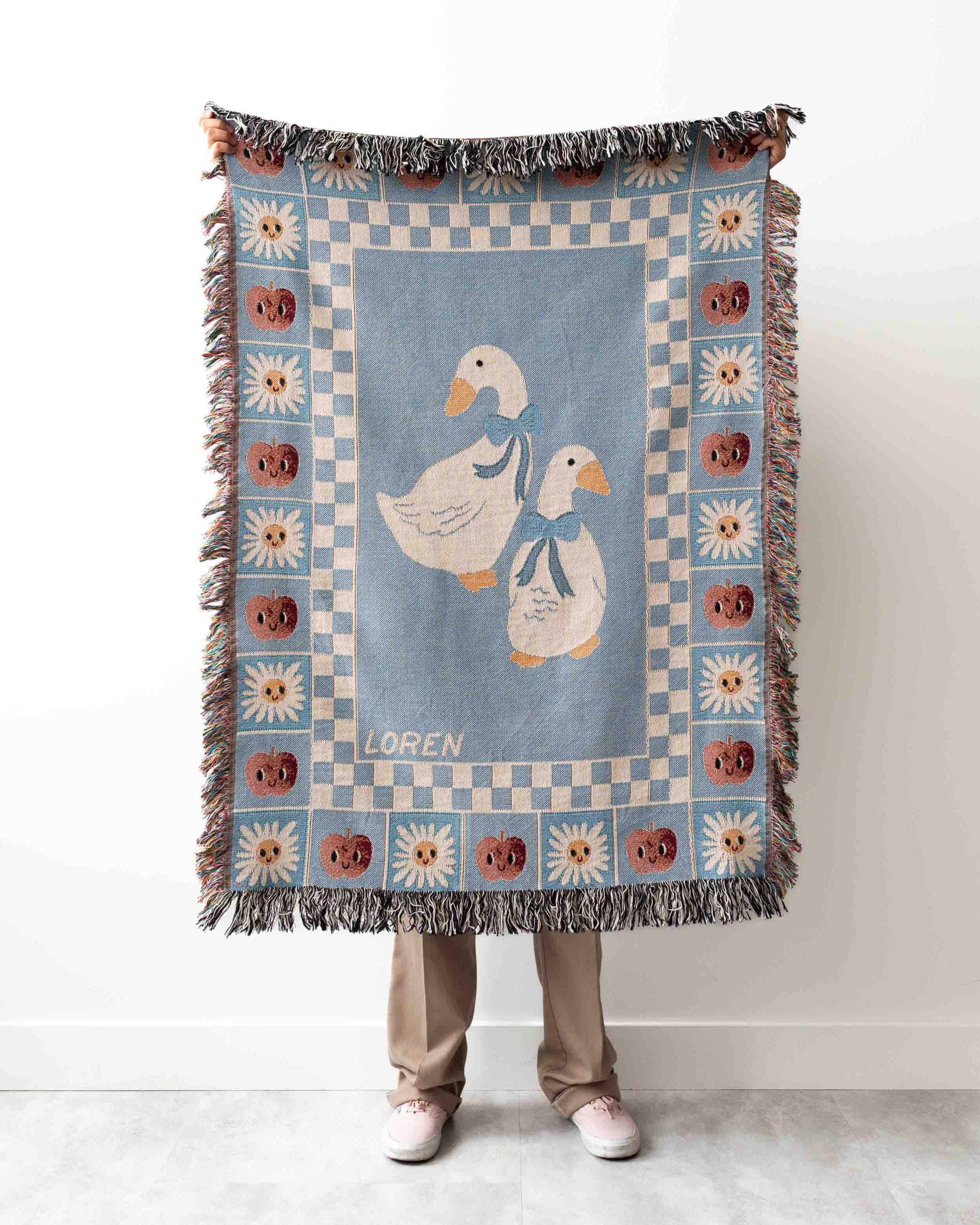 Cute Goose Blanket: Baby Blue Checker Decor, Kawaii Animal Gift, Pastel Farmhouse Country, Cottagecore Kid Bedding, Boy Girl Eclectic Unique