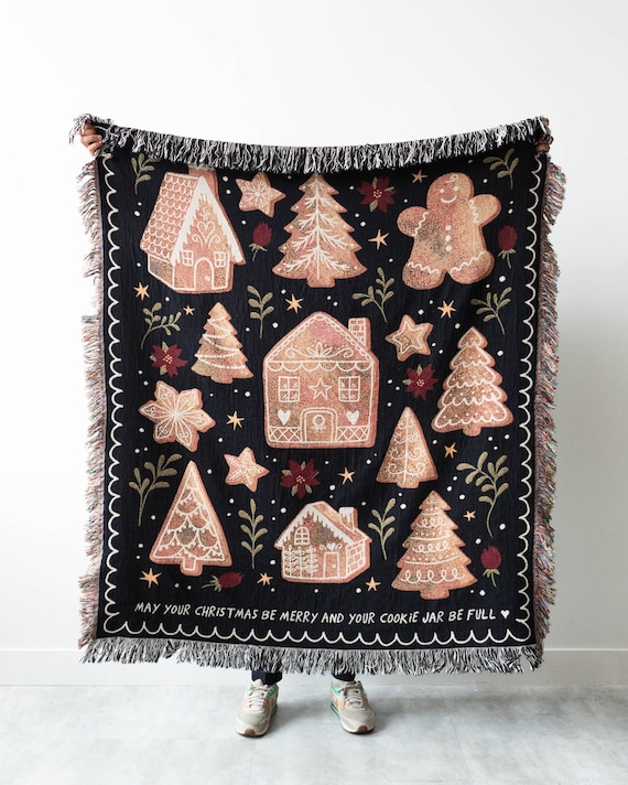 Gingerbread Christmas Blanket: Personalized Woven Cotton Throw, Holiday Cozy Decor, Custom Holiday Gift for Family, Rustic Unique and Comfy