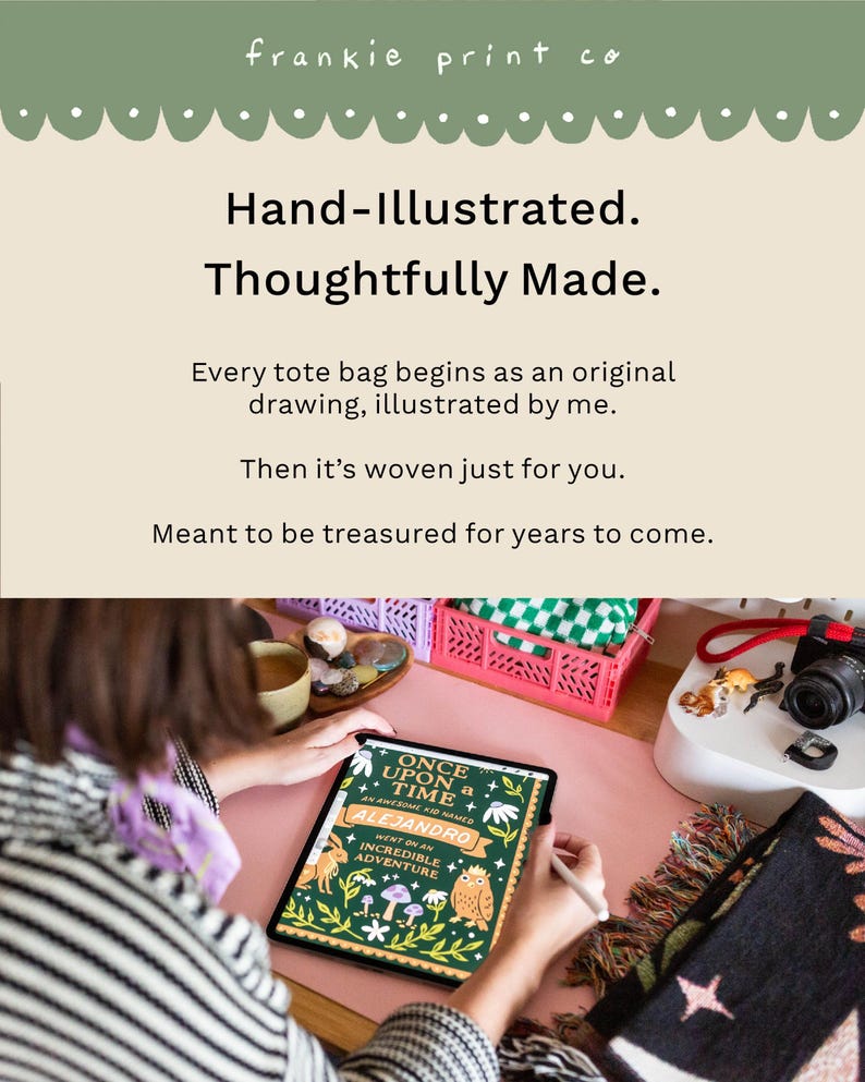 May include: A digital tablet displaying a green book cover illustration with the text Once Upon a Time an Awesome Kid Named Alejandro Went on an Incredible Adventure, featuring an owl, mushrooms, and stars, held by a person in a striped shirt.