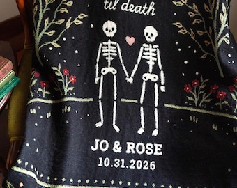Personalized Skeleton Couple Blanket: Til Death Gothic Wedding Gift, Spooky Anniversary Woven Throw