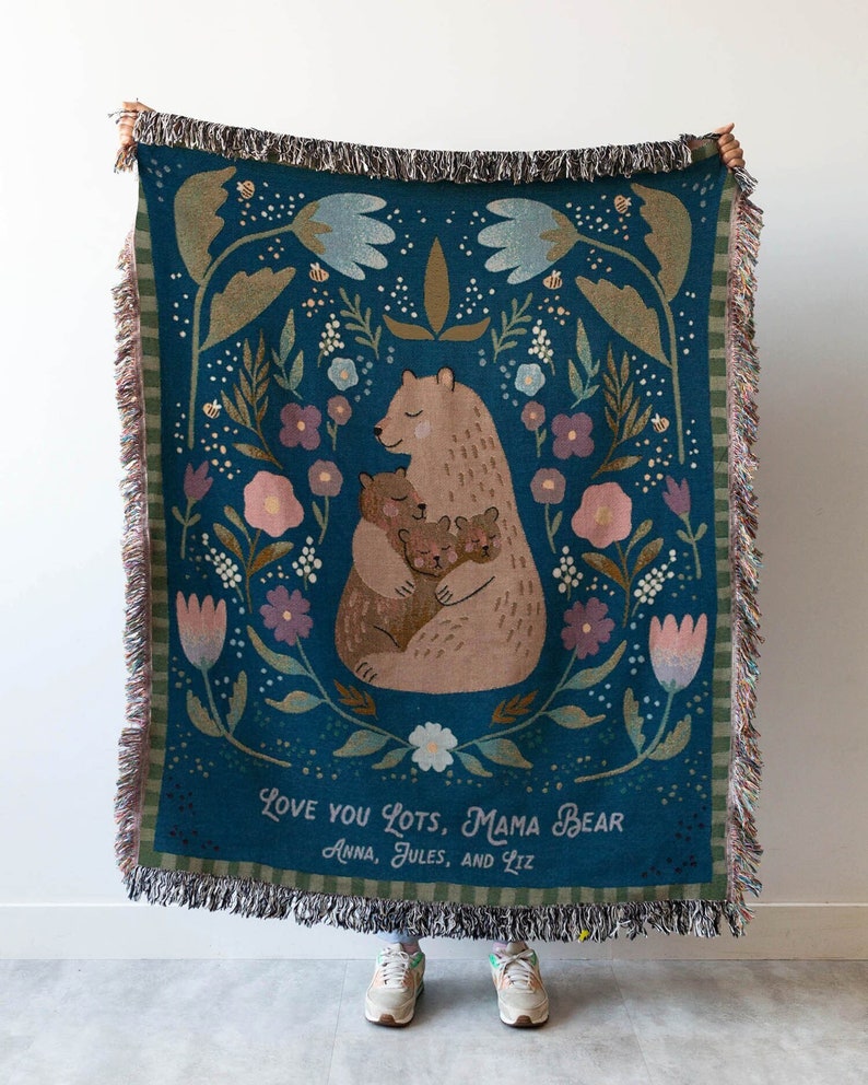 Gift for Mom Blanket: Mothers Day Present from Kids, Mama Bear Woven Throw, Unique Thoughtful Meaningful Birthday, Personalized Custom Idea image 1