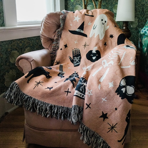 Halloween Woven Blanket: Cute Kawaii Ghost, Goth Occult Creepy Decor, Witch Decor, Colorful Maximalist, Whimsical Unique Bedding