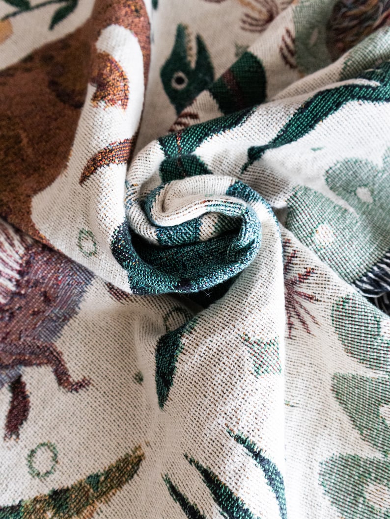 Dinosaur Woven Blanket: Unique Whimsical Maximalist, Kids Teen Bedroom, Cotton Bedding Throw, Cute Stegosaurus Brontosaurus Triceratops, image 6