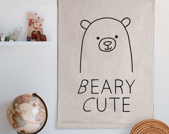 Beary Cute Tapestry: Woven Wall Hanging, Boho Kawaii Nursery or Gender Neutral Kids Bedroom, Bear Animal Sign Pennant