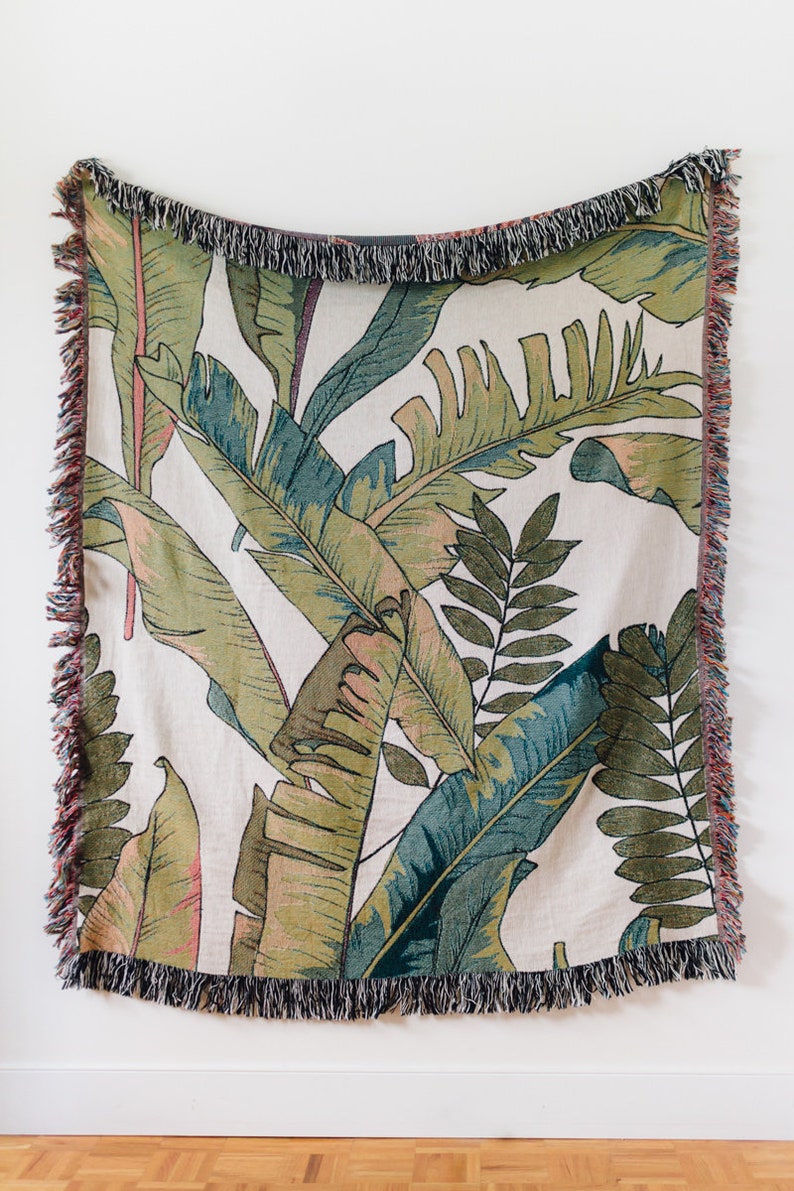 Palm Leaf Woven Throw Blanket Floral Banana Leaf Tropical Decor, Boho Jungle Home Nursery, Preppy Beach Maximalist Bedroom, Eclectic Plant image 2