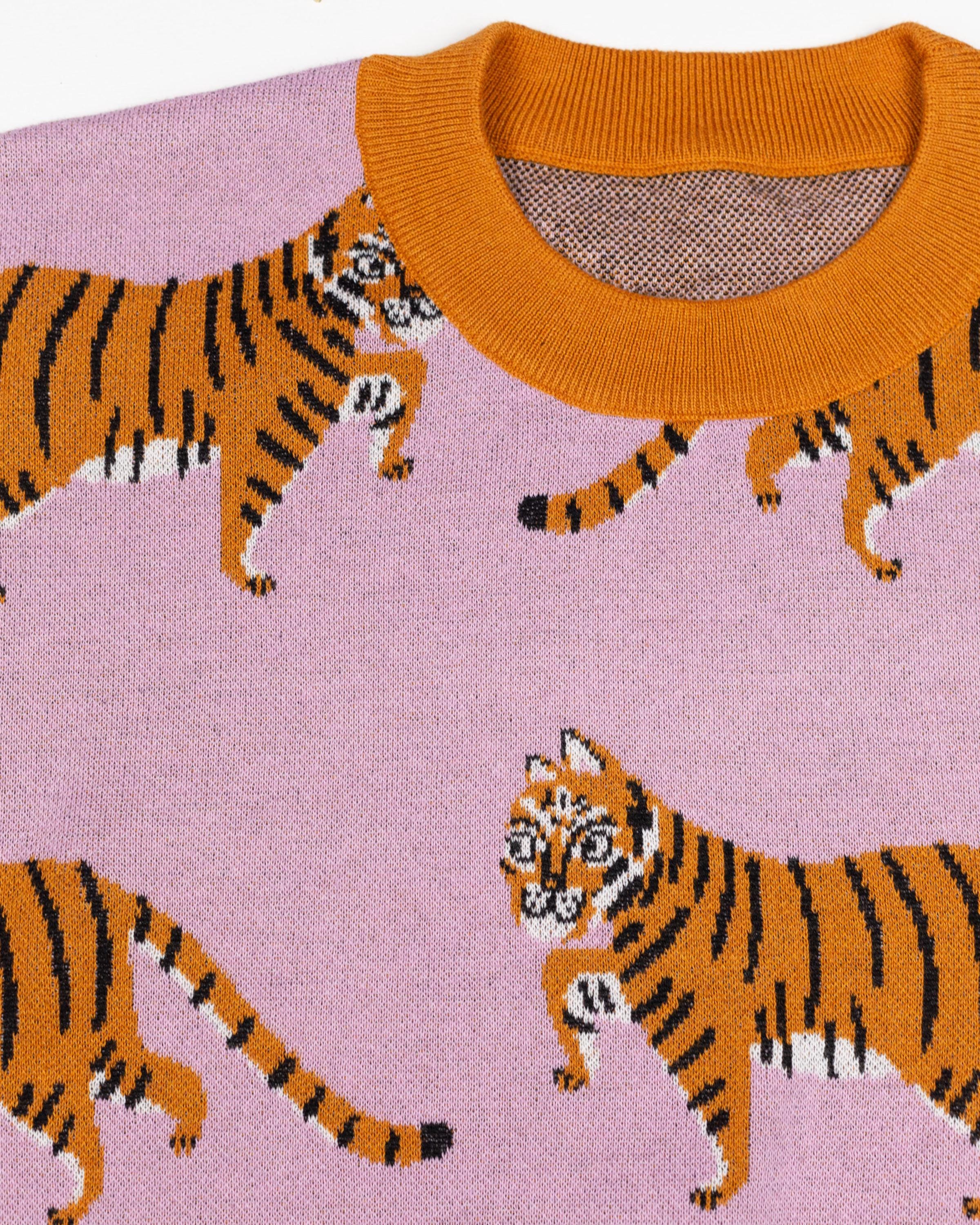 Tiger Sweater: Colorful Maximalist Knit Crewneck, Kawaii Tiger Sweater: Colorful Maximalist Knit Crewneck, Kawaii