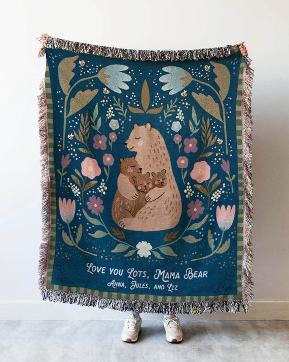 Gift for Mom Blanket: Mothers Day Present from Kids, Mama Bear Woven Throw, Unique Thoughtful Meaningful Birthday, Personalized Custom Idea
