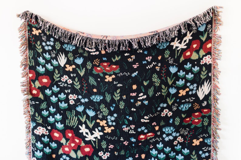 Black Floral Blanket: Flower Woven Cotton Throw, Dark Moody Maximalist Decor, Ditsy Print, Unique Whimsical Cute image 6