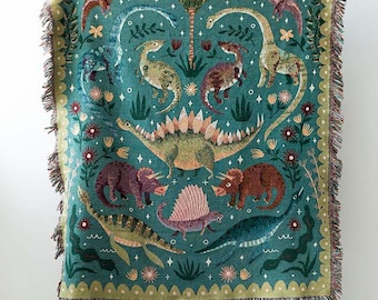 Dinosaur Personalized Throw Blanket: Woven Cotton Throw, Stegosaurus Brontosaurus Triceratops