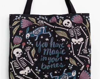 Tapestry Bag: Magic Skeleton Tote, Cute Kawaii Dark, Woven Spooky Skull, Unique Market Shopping, Gift for Witch, Halloween Gothic Boho