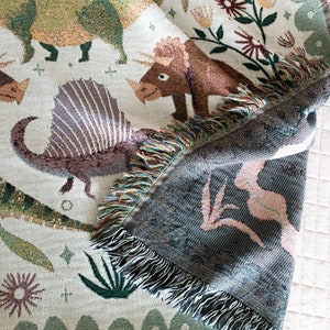 Dinosaur Woven Blanket: Unique Whimsical Maximalist, Kids Teen Bedroom, Cotton Bedding Throw, Cute Stegosaurus Brontosaurus Triceratops, image 8