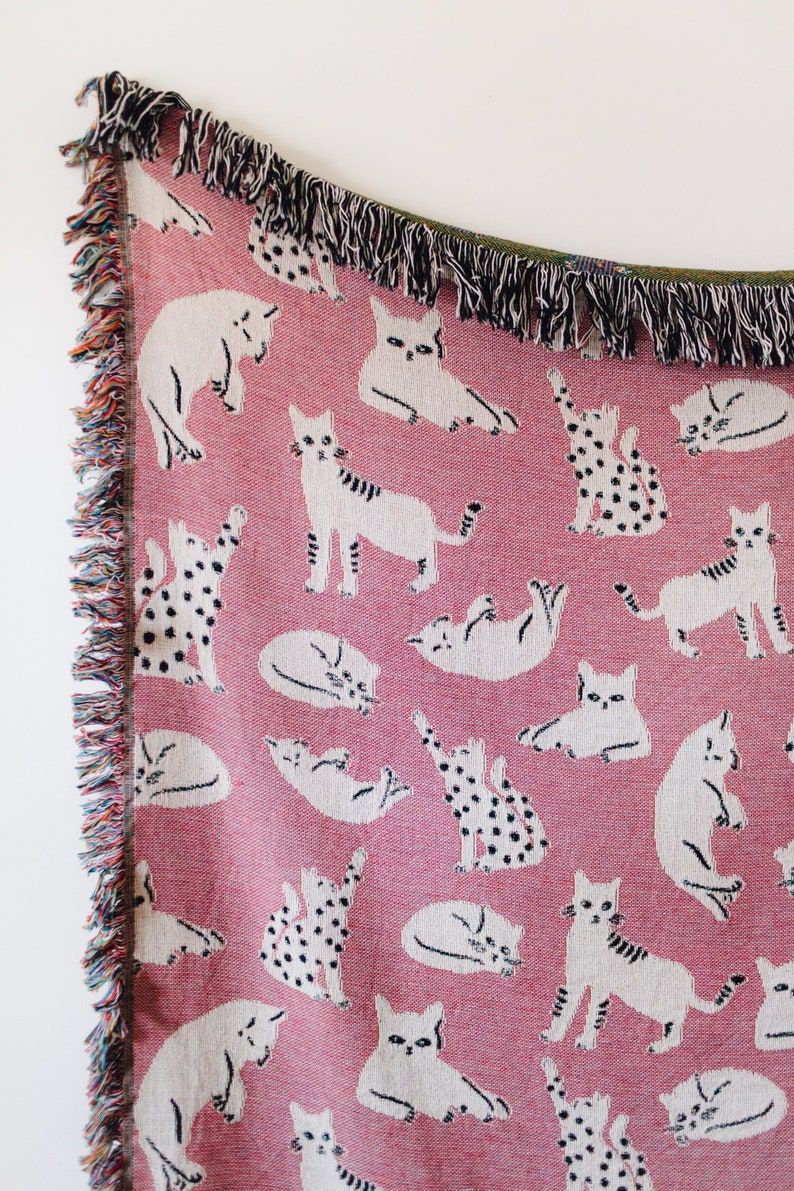 Pink Cat Blanket: Woven Cotton Throw, Cute Kawaii Gift for Animal or Pet Lovers, Unique Eclectic Colorful Maximalist Decor, Kids Bedding image 1