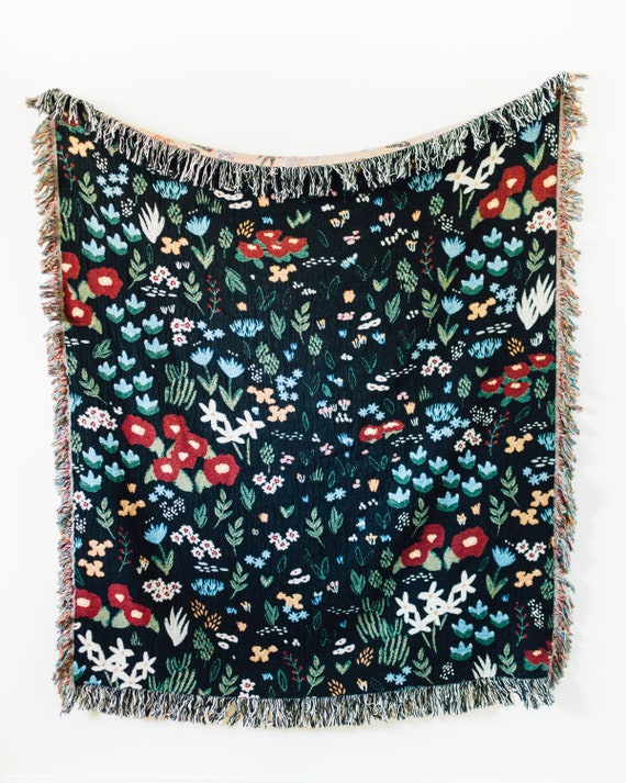 Black Floral Blanket Flower Woven Cotton Throw Dark Moody