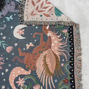 Unicorn Night Throw Blanket: Woven Cotton Throw, Boho Kids Bedding, Purple Blue, Lunar Celestial Moon, Pegasus Horse, Colorful Maximalist image 3
